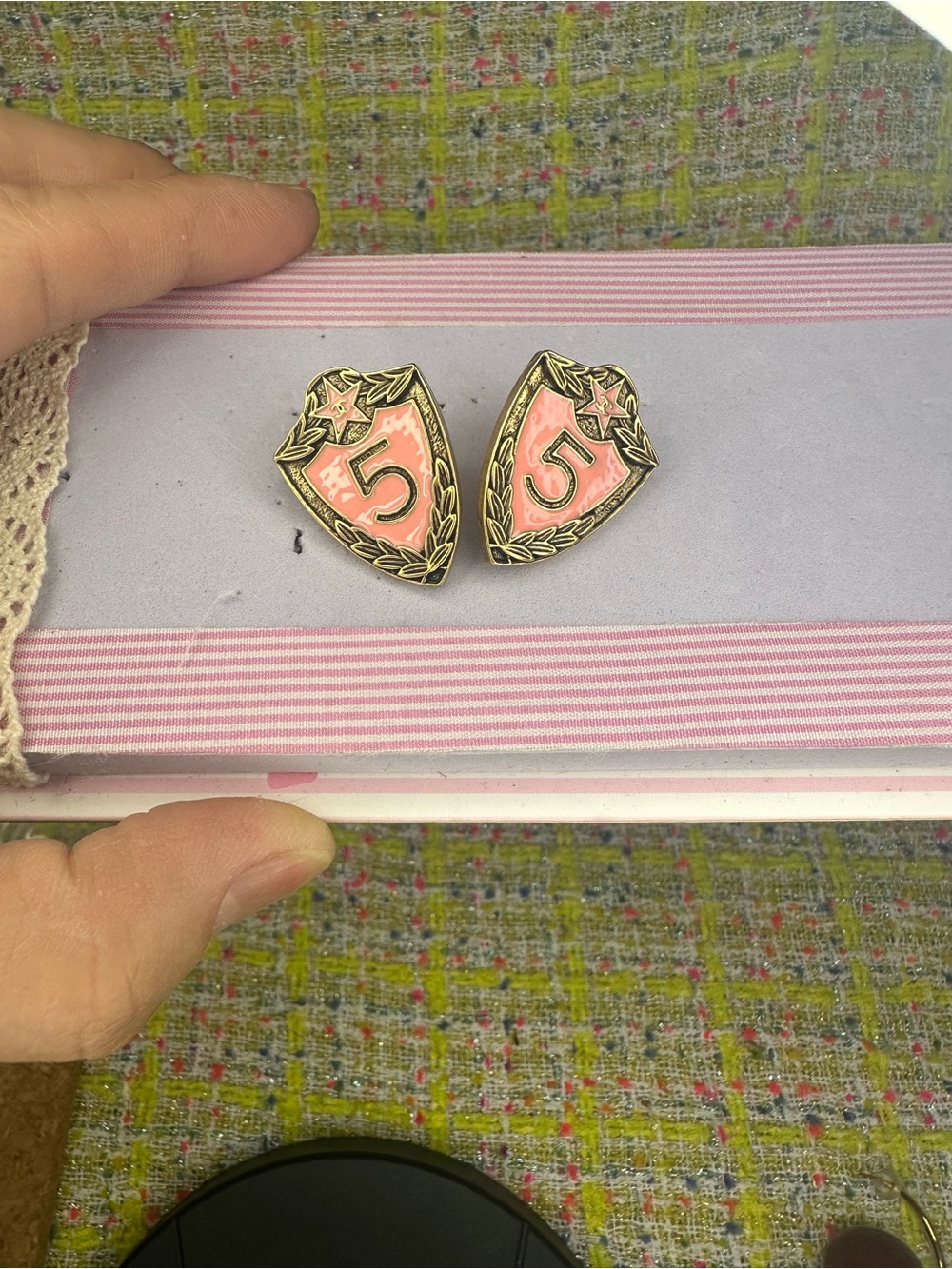 A great Pink Shield Number '5' Vintage-Style Enamel Earrings